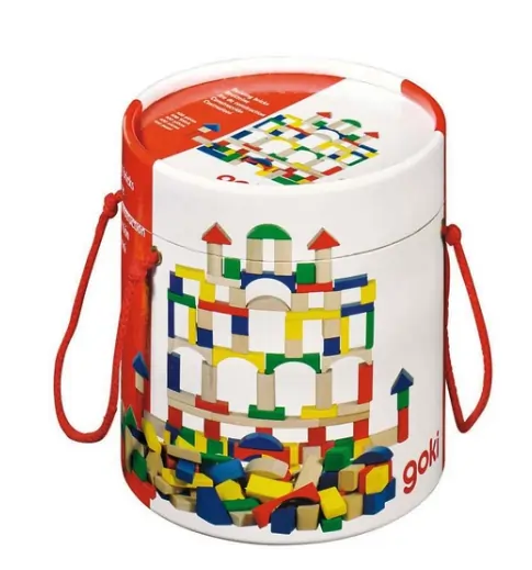 Runde Box mit Bild von Holzbausteinen in den Farben grün, rot, blau, gelb und natur