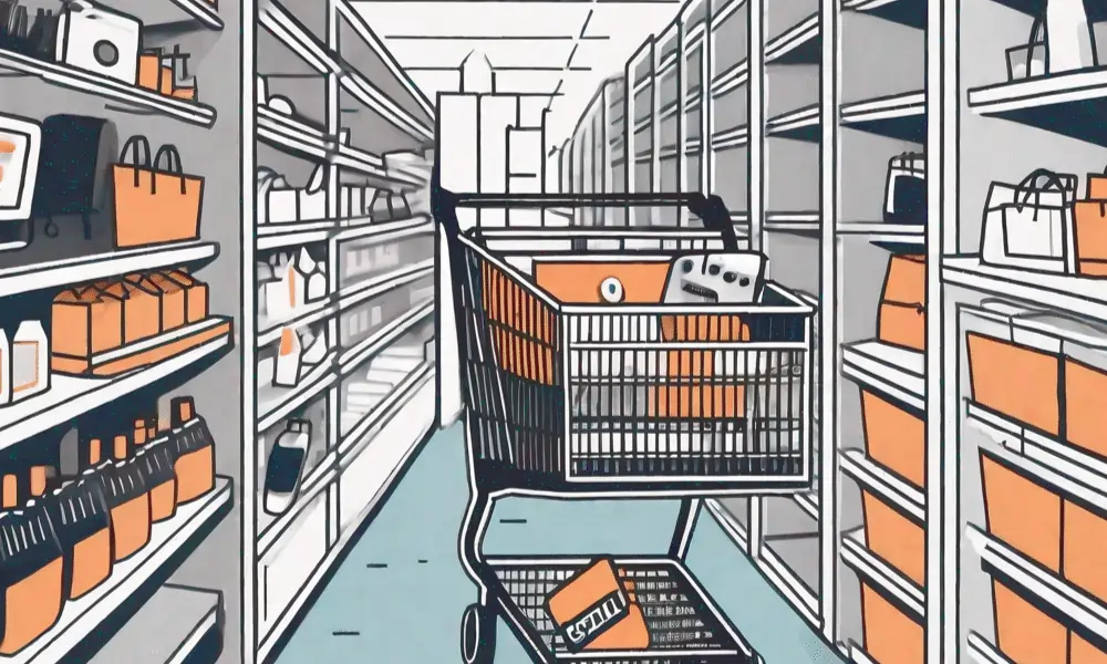 Foto von Einkaufswagen und Produkten in weiss blau und orange