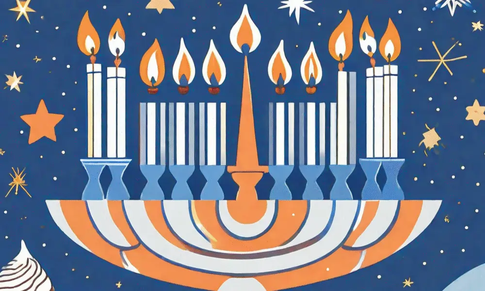Bild von Chanukkia Menorah mit acht Kerzen in blau und orange