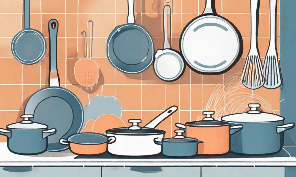 Beschichtete Pfannen in Küche mit Kochutensilien in Küche