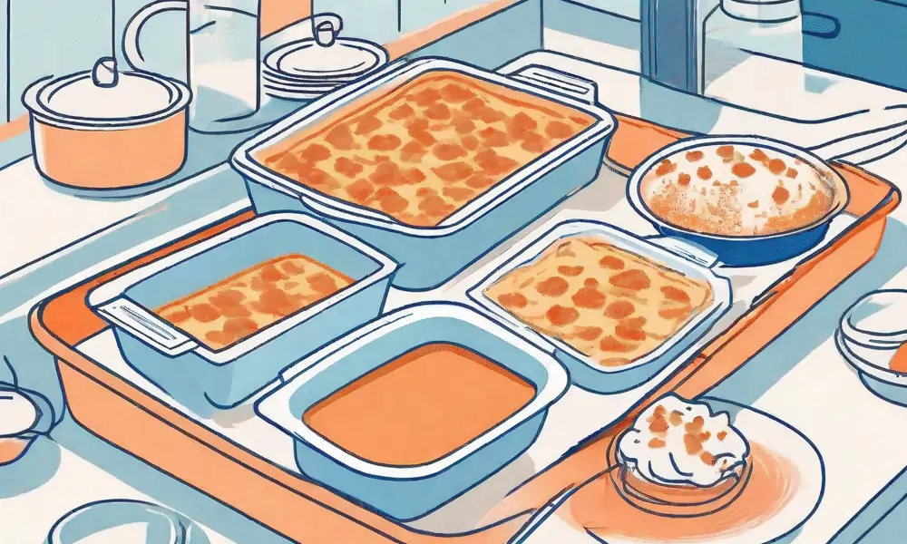 Küche mit Auflaufformen und Küchengerichten Auflauf Lasagne