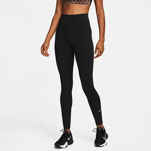 Bild von Nike Air Dri Fit Leggins in Schwarz mit Frau und Lepardmuster BH